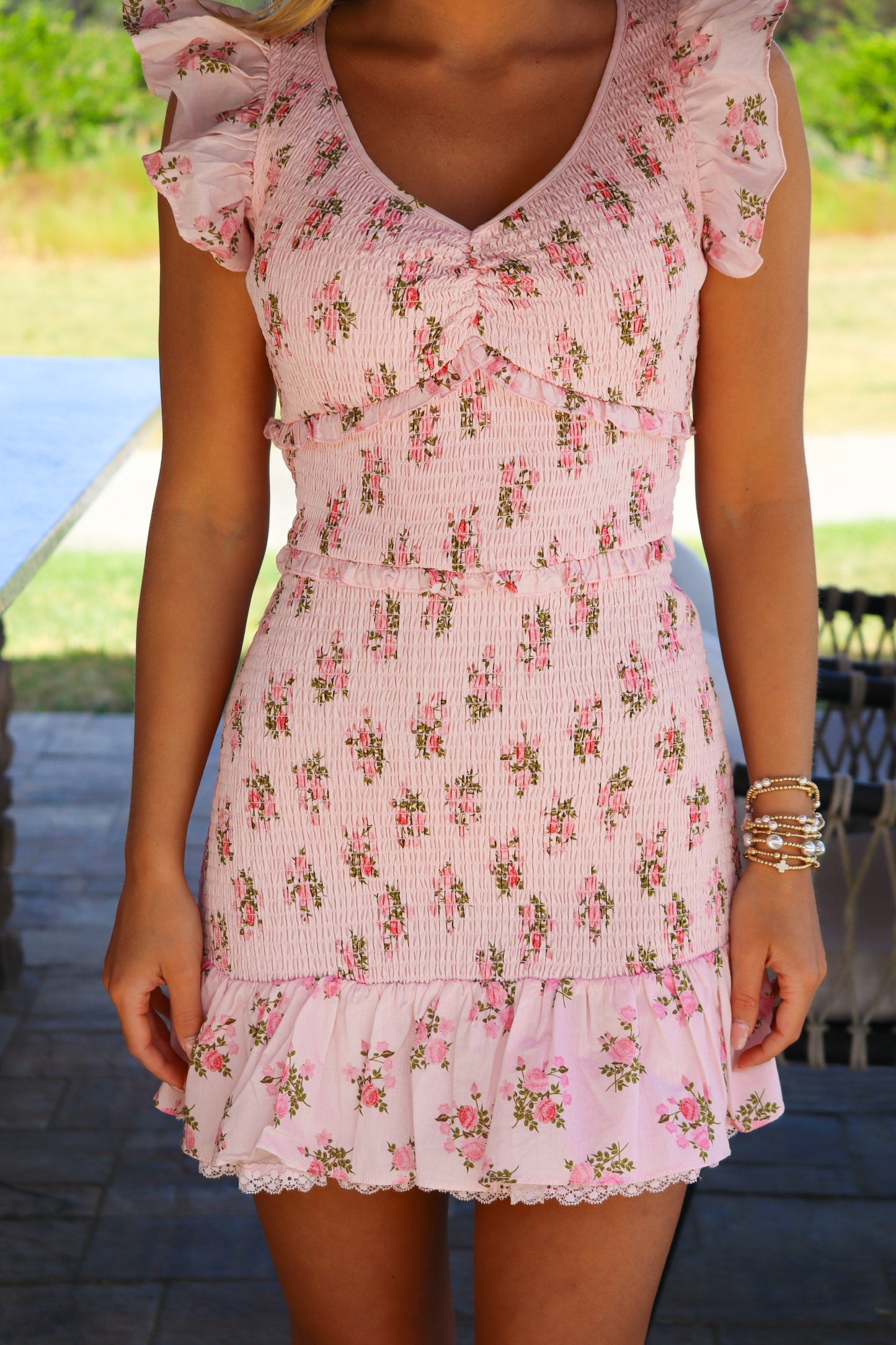 Pink short sleeve ruffle mini dress