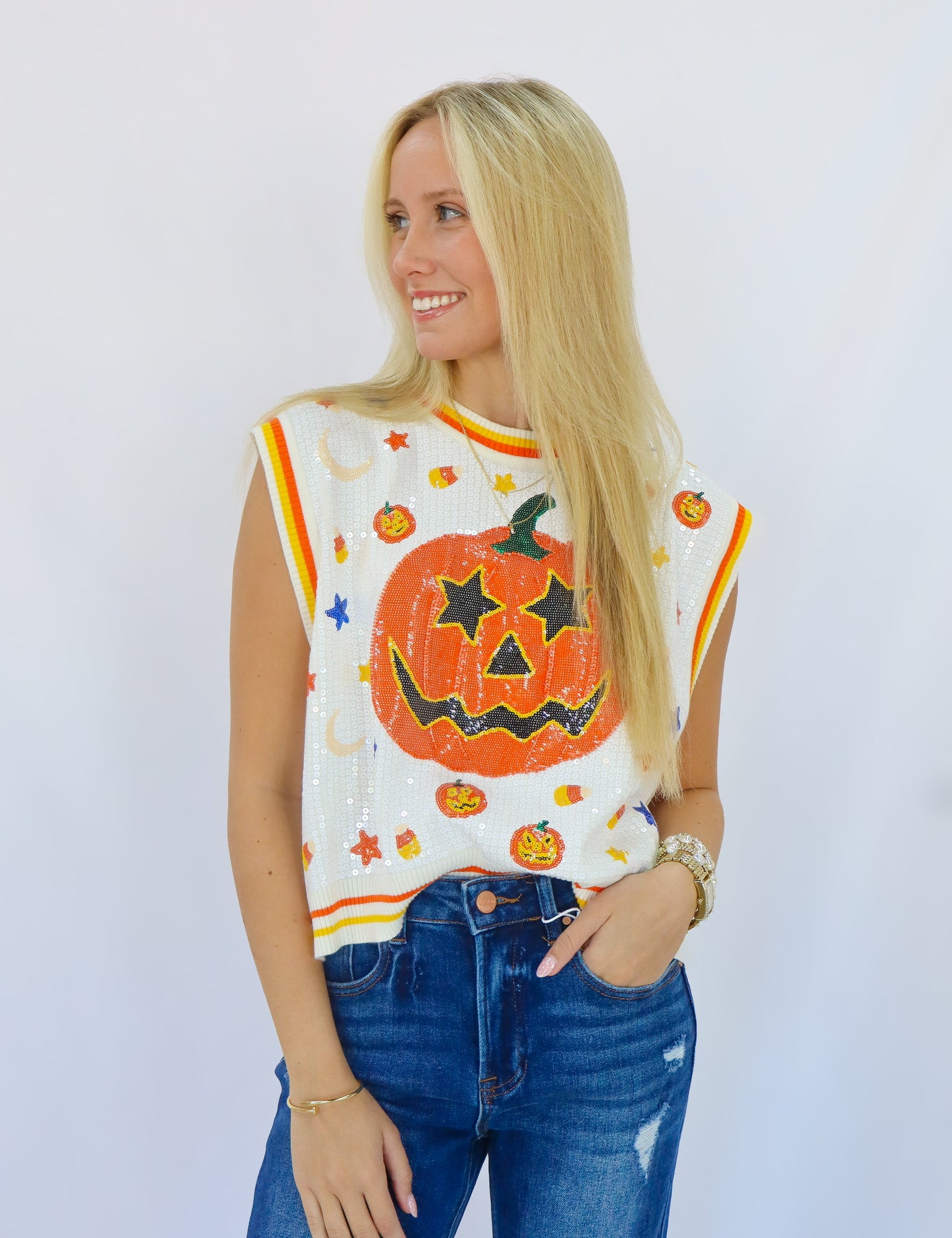 QOS White Full Sequin Pumpkin & Small Icon Vest
