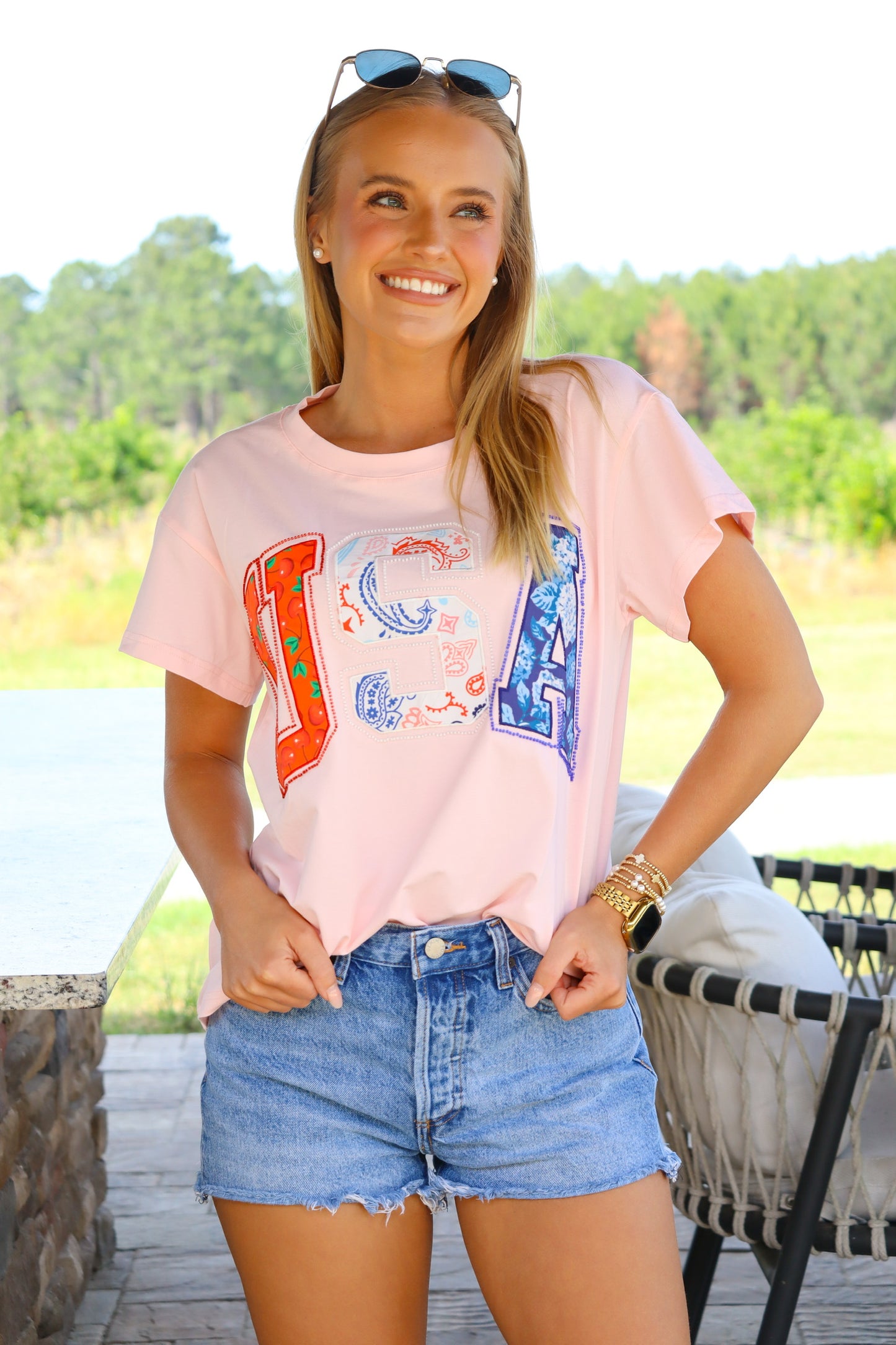 QOS Light Pink 'USA" Bandana Tee