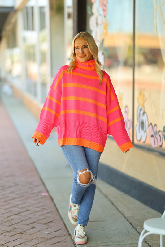 Pink & Orange Striped Turtle Neck Sweater