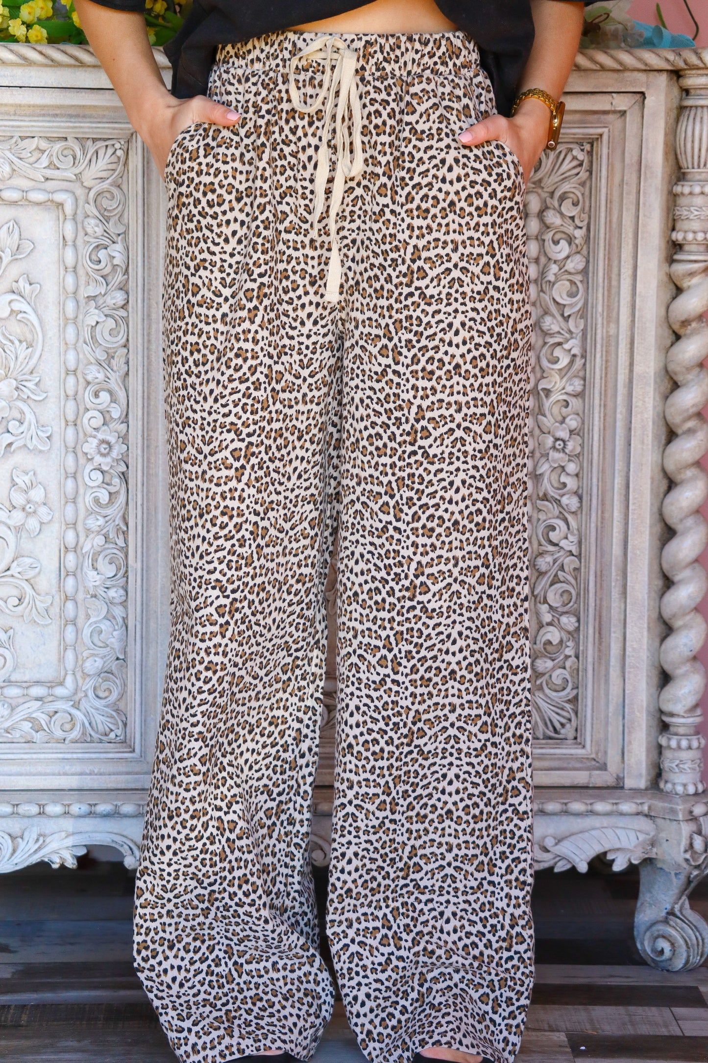Beige Leopard Print Wide Legged Pants