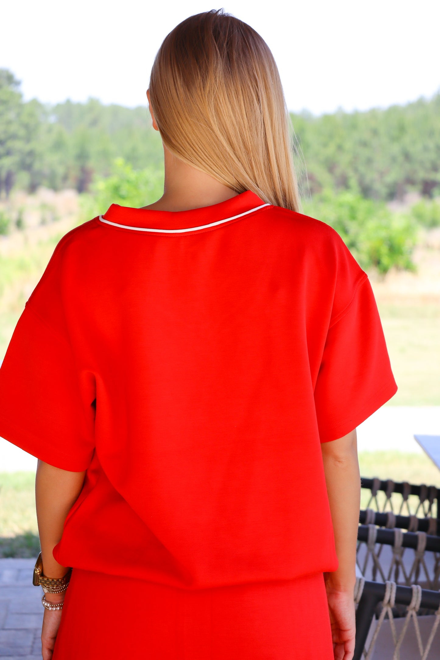Red/Cream Scuba V-Neck Top