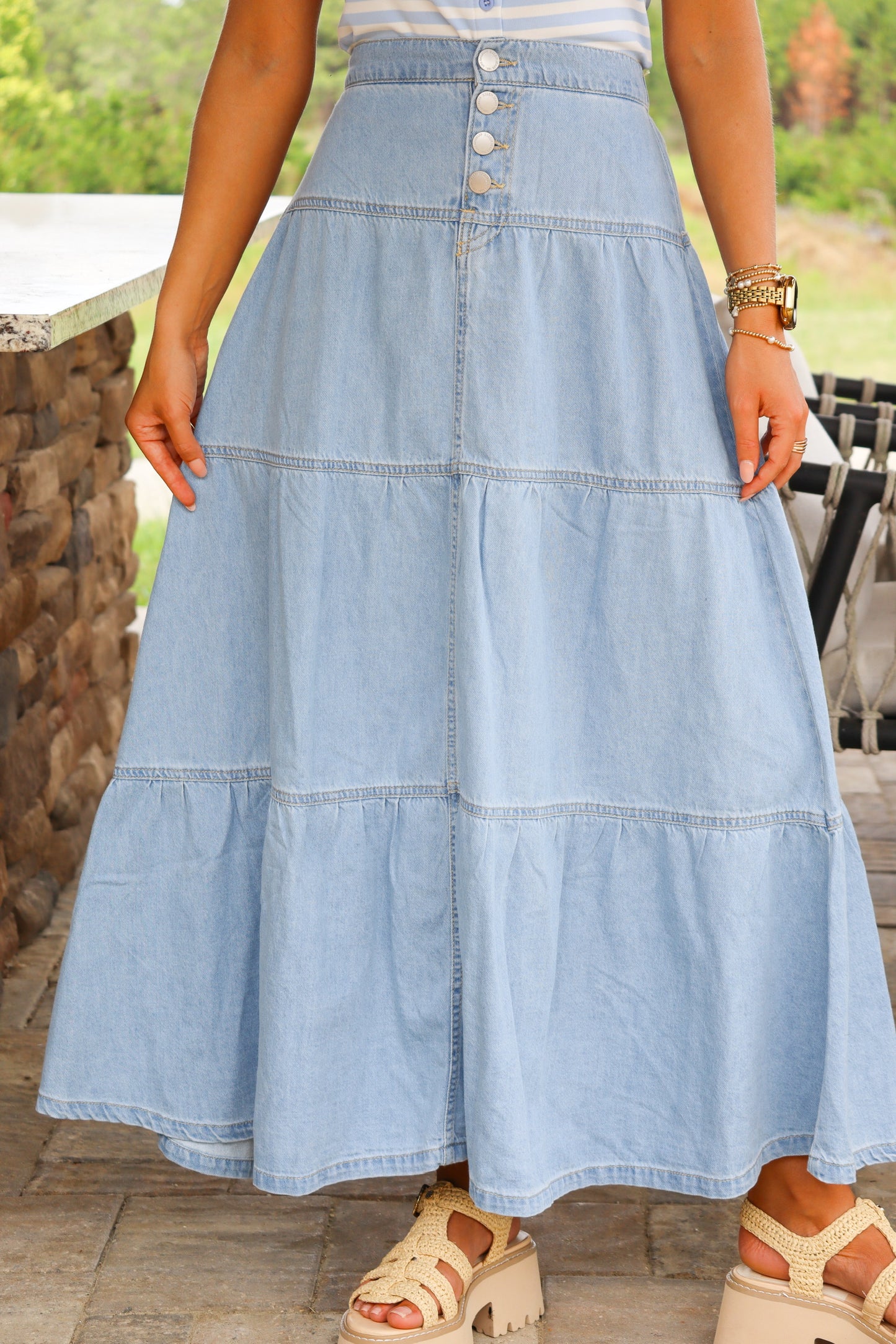 High Rise Ruffle Denim Maxi Skirt