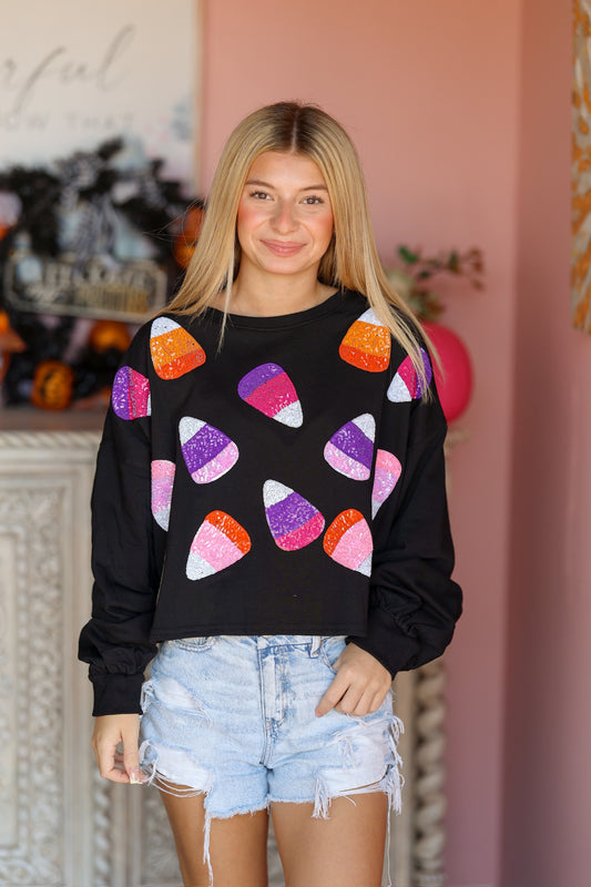 Candy Corn Sequin Cropped Sweatshirt