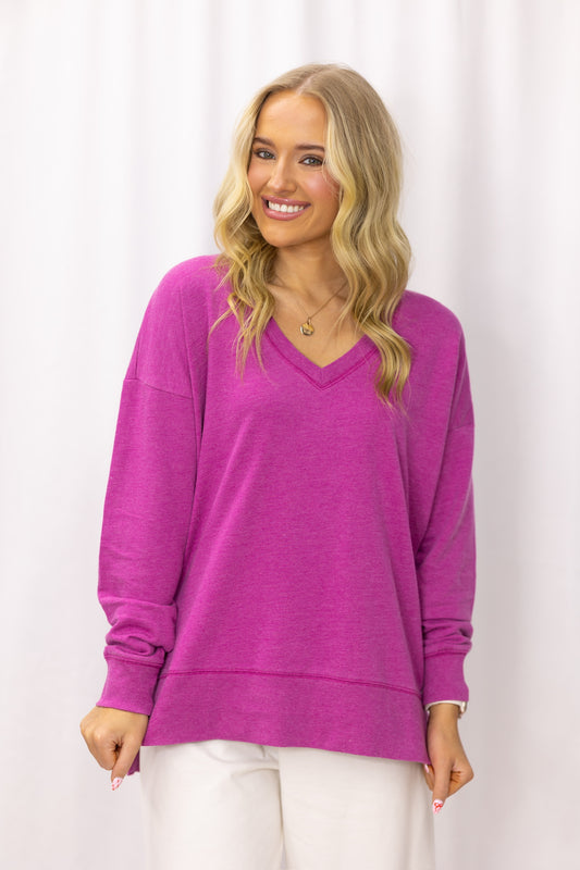 Magenta V-neck crew