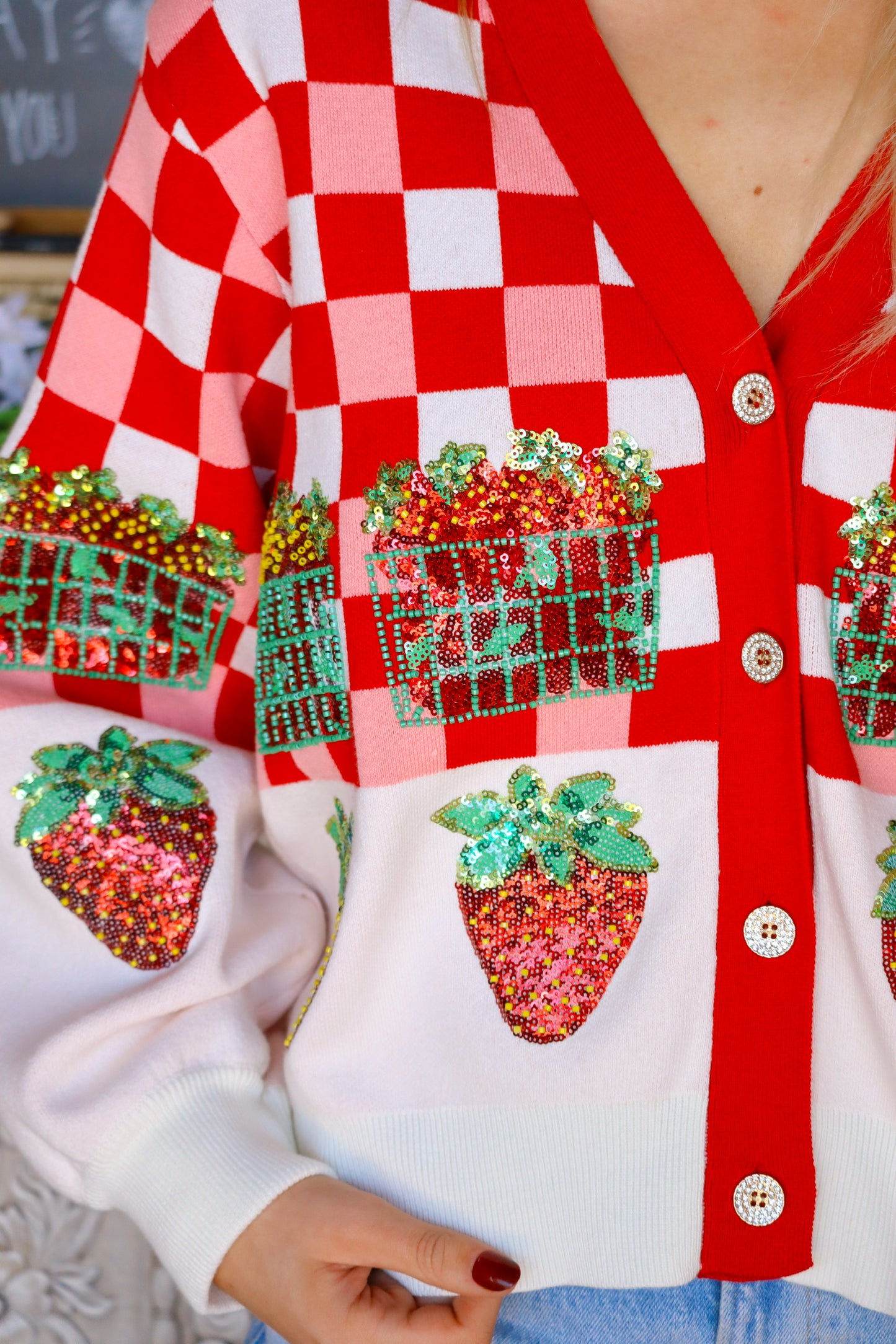 QOS Checkered Strawberry Button Up Cardigan