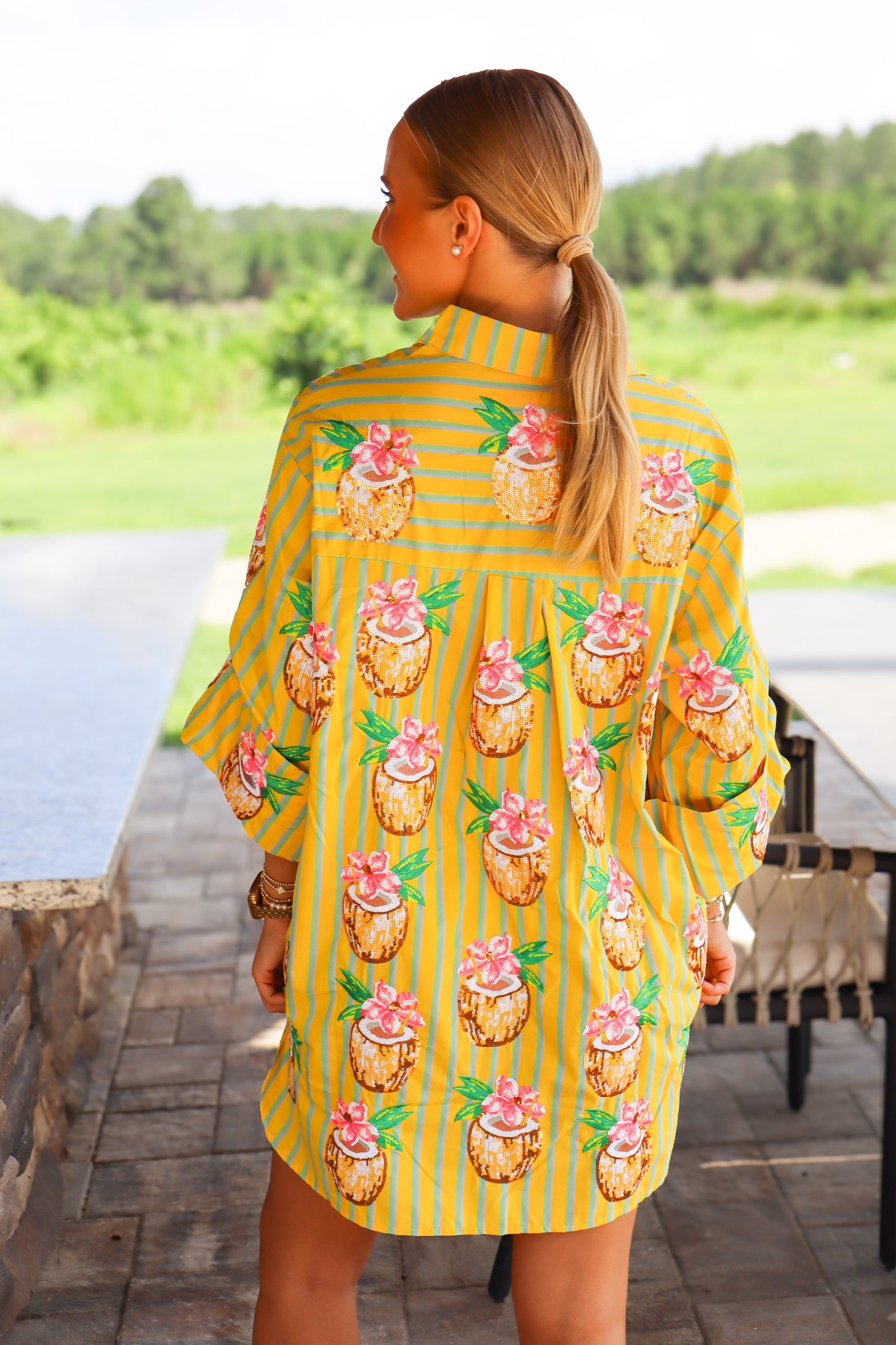 QOS Yellow Striped Coconut Drink Button Up Tunic