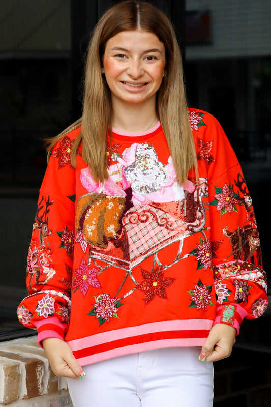 QOS Red & Red Vintage Poinsettia Sweatshirt