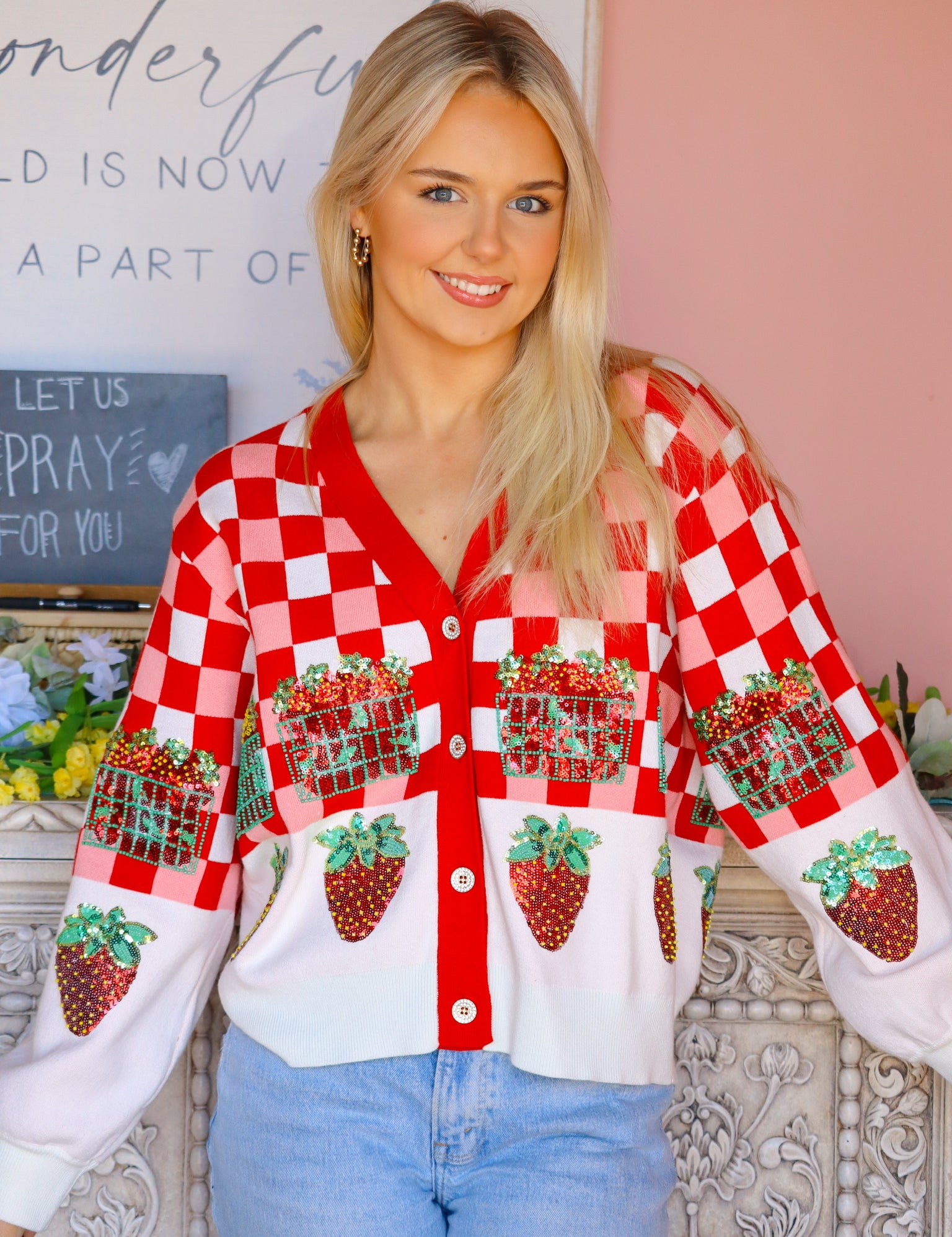 QOS Checkered Strawberry Button Up Cardigan