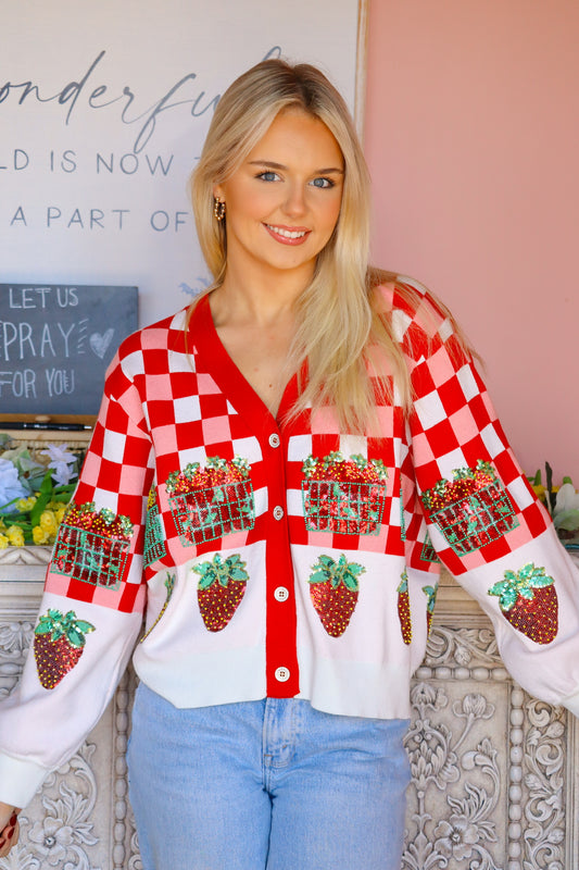 QOS Checkered Strawberry Button Up Cardigan