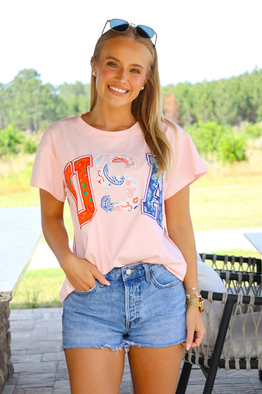 QOS Light Pink 'USA" Bandana Tee
