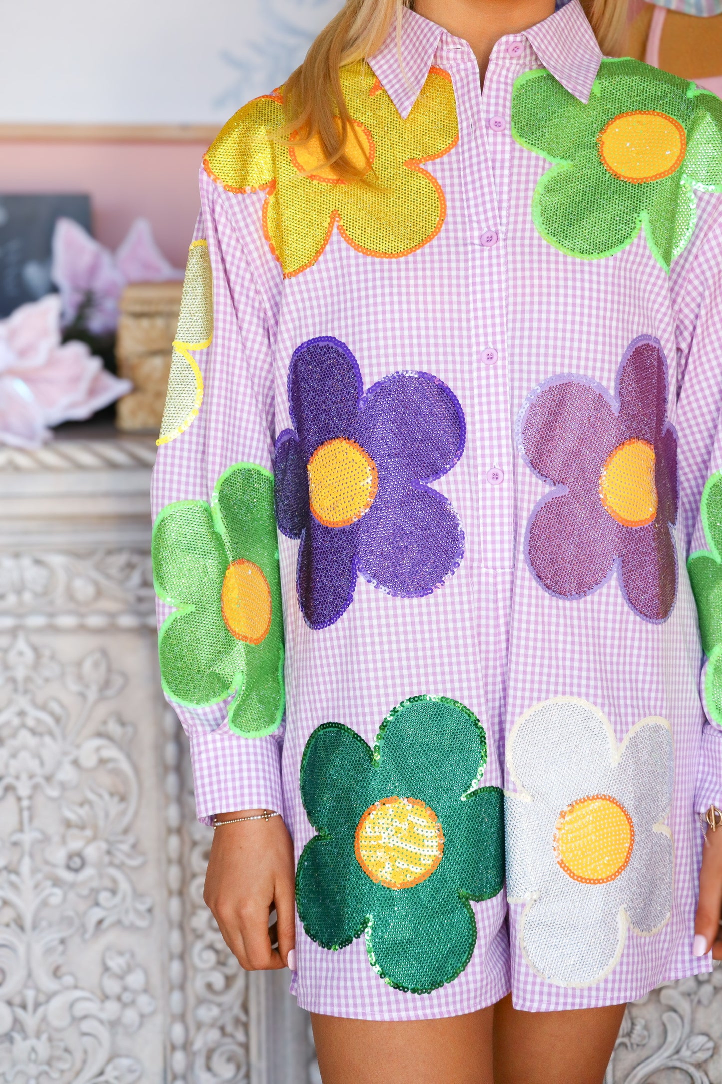 QOS Gingham Oversized Mardi Gras Flower Romper