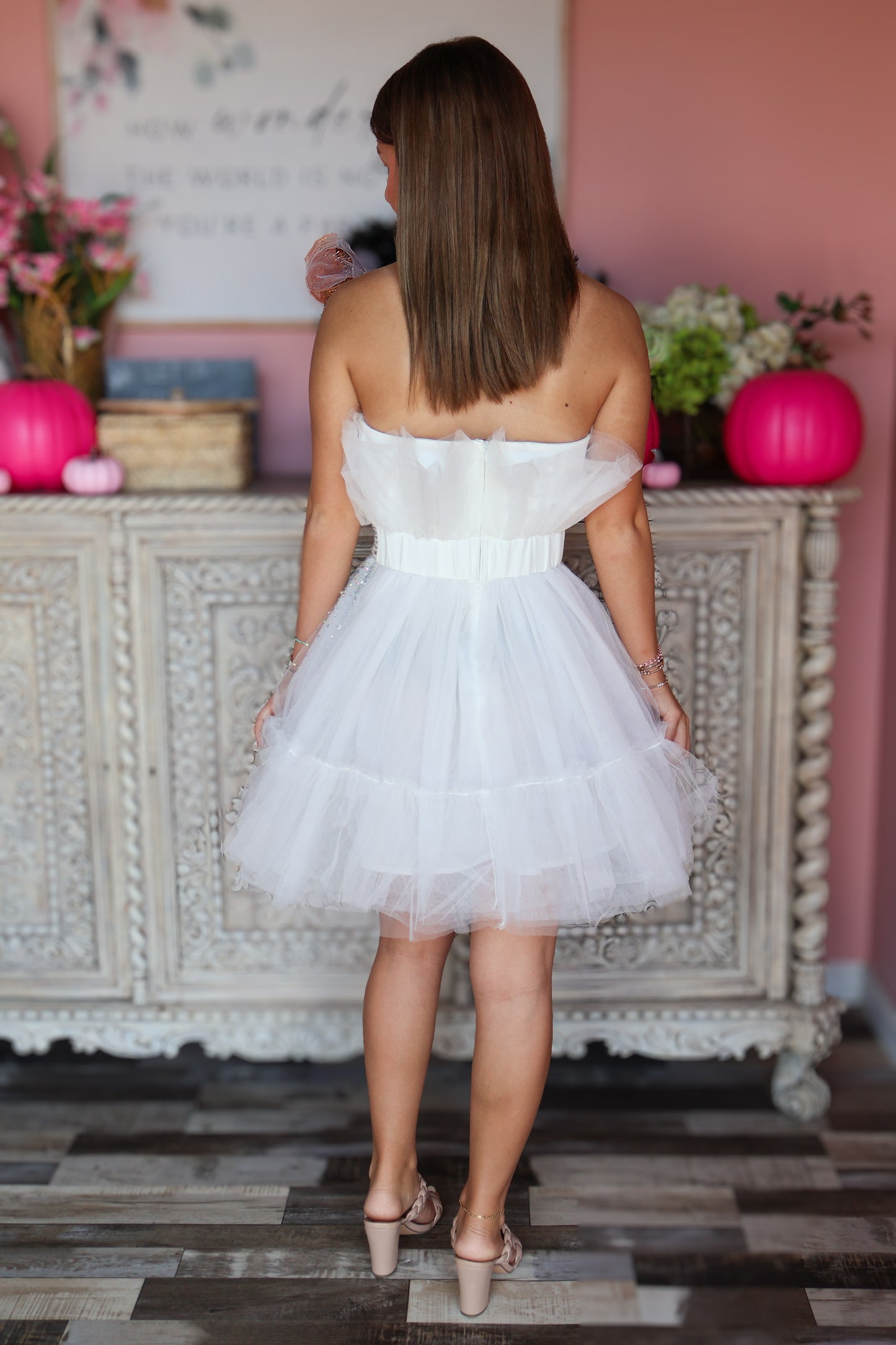White Strapless Rhinestone Mini Dress