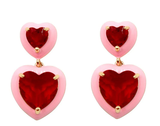 Pink and Red Crystal Heart Earrings