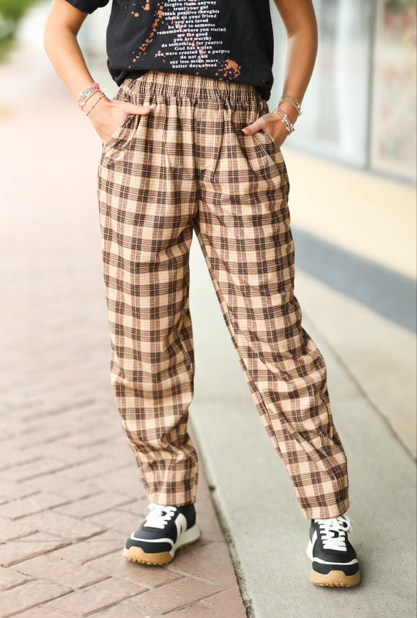 brown plaid pants