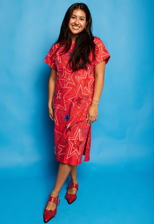 QOS Red,White & Blue Groovy Star Midi- Tee Dress
