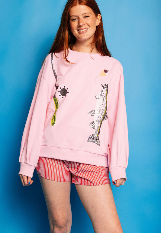 QOS Pink Fishing Pole W/ Hooked Fish Sweatshirt