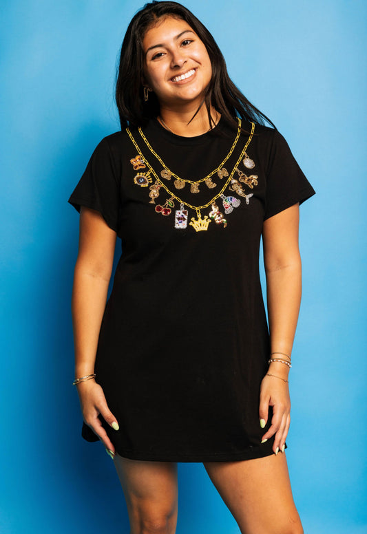 QOS Black Queen & Icon Necklace Charm Dress