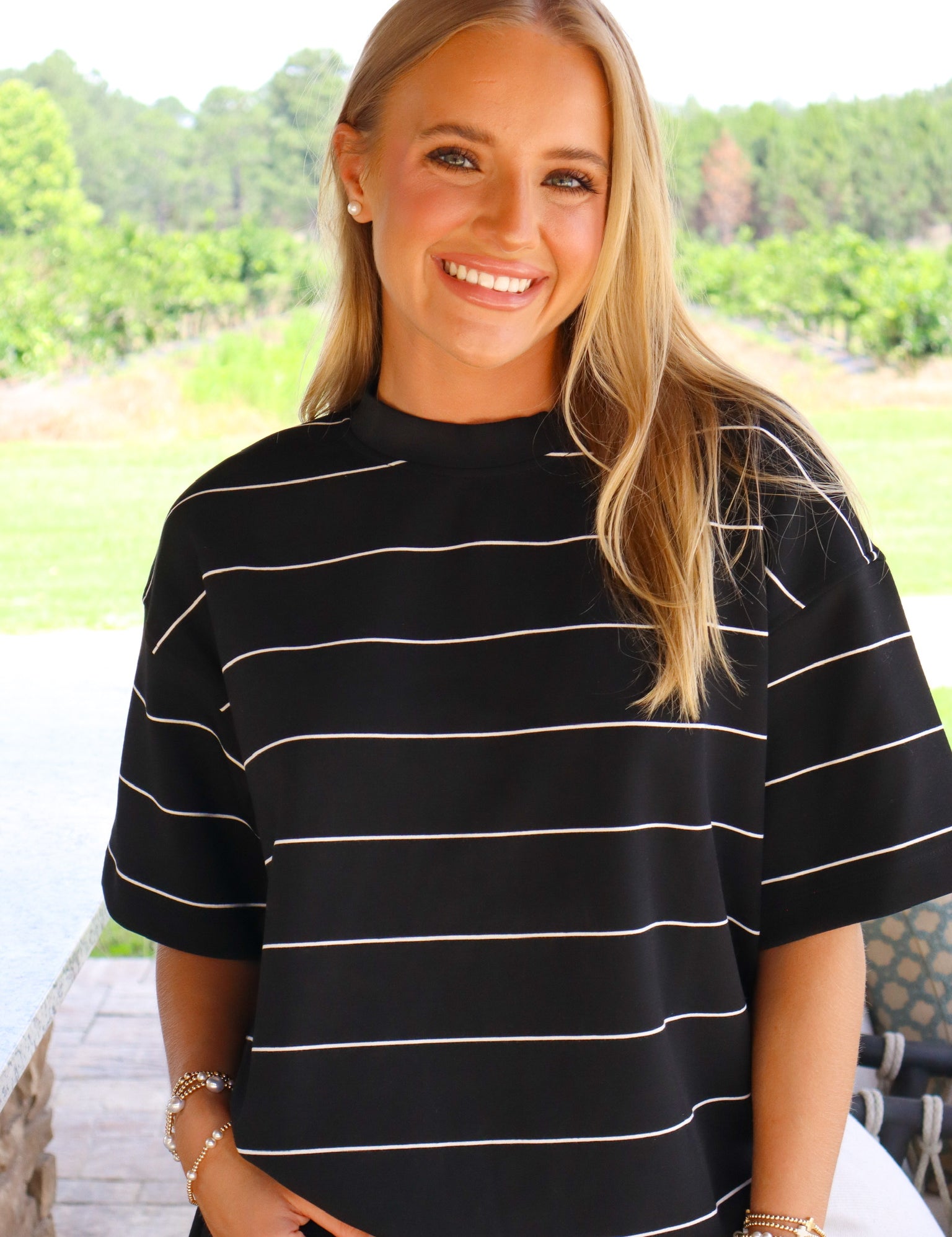 Black/Cream Short Sleeve Crew Neck Scuba Top