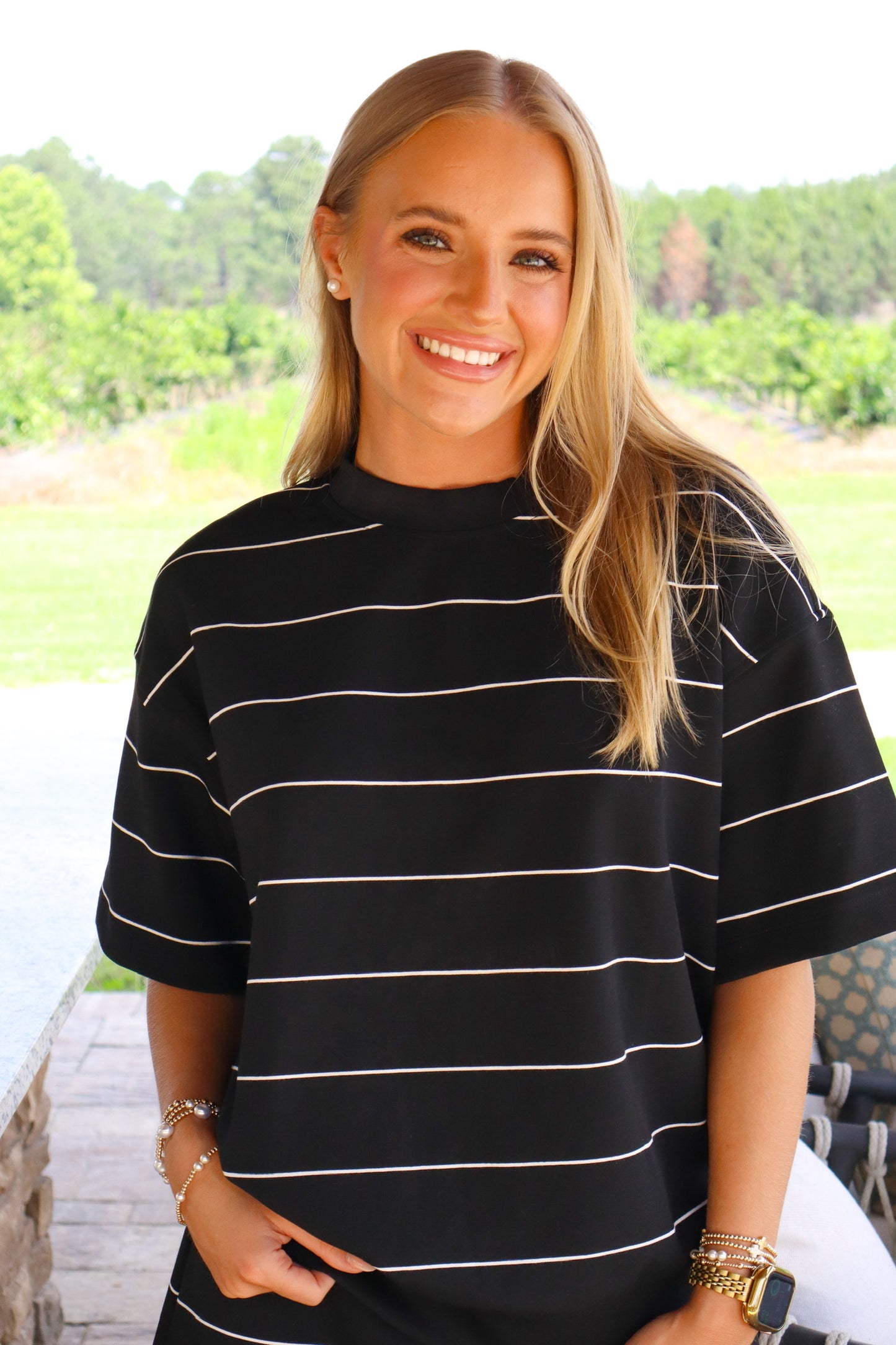 Black/Cream Short Sleeve Crew Neck Scuba Top