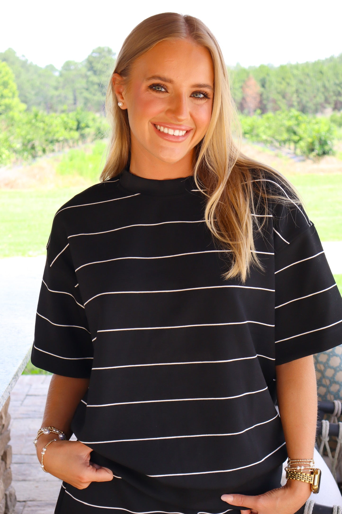 Black/Cream Short Sleeve Crew Neck Scuba Top