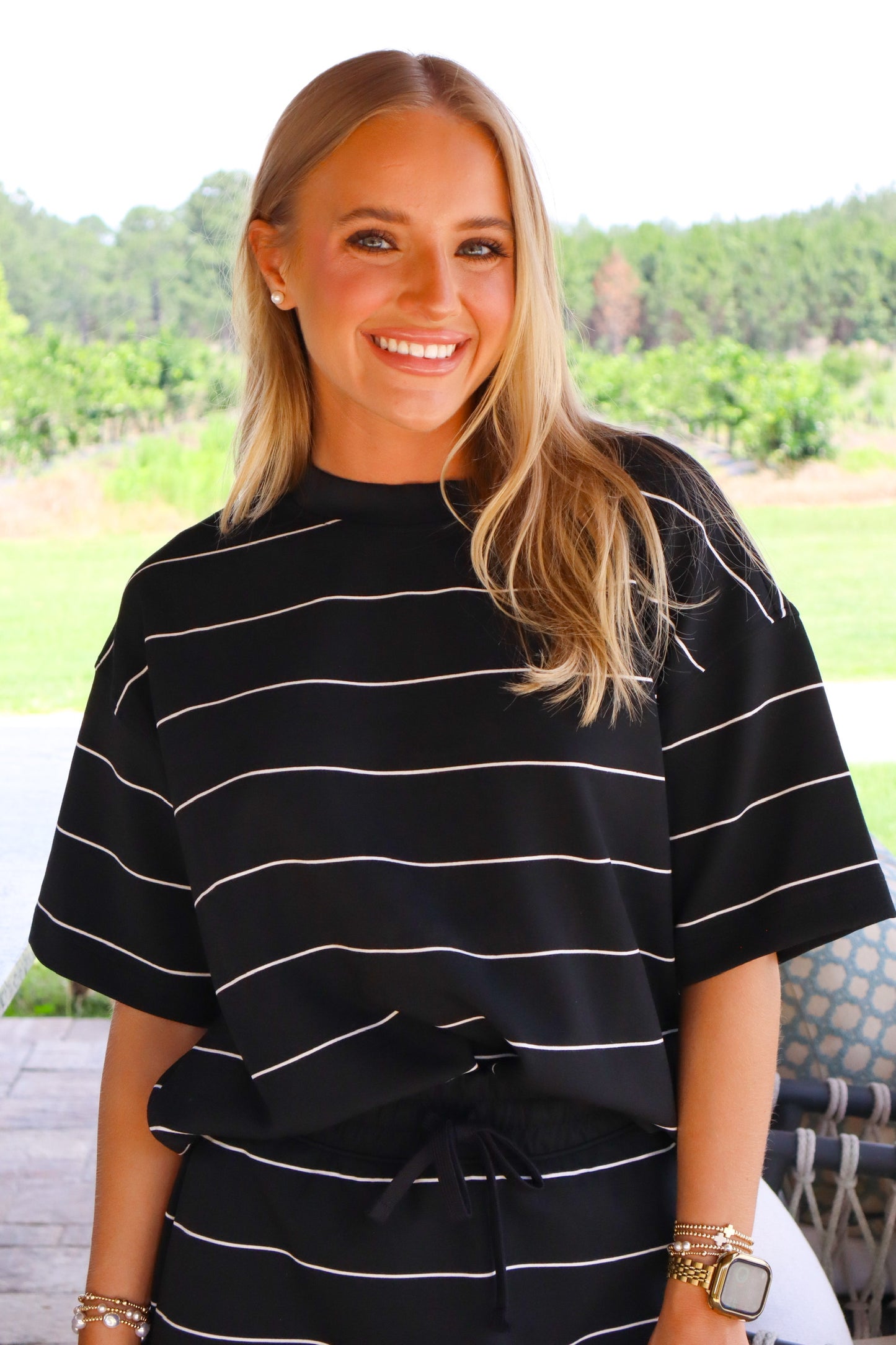 Black/Cream Short Sleeve Crew Neck Scuba Top