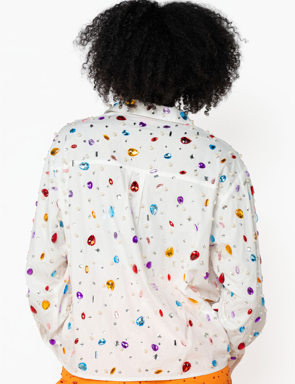 QOS White Jewel & Pearl Button Up Top