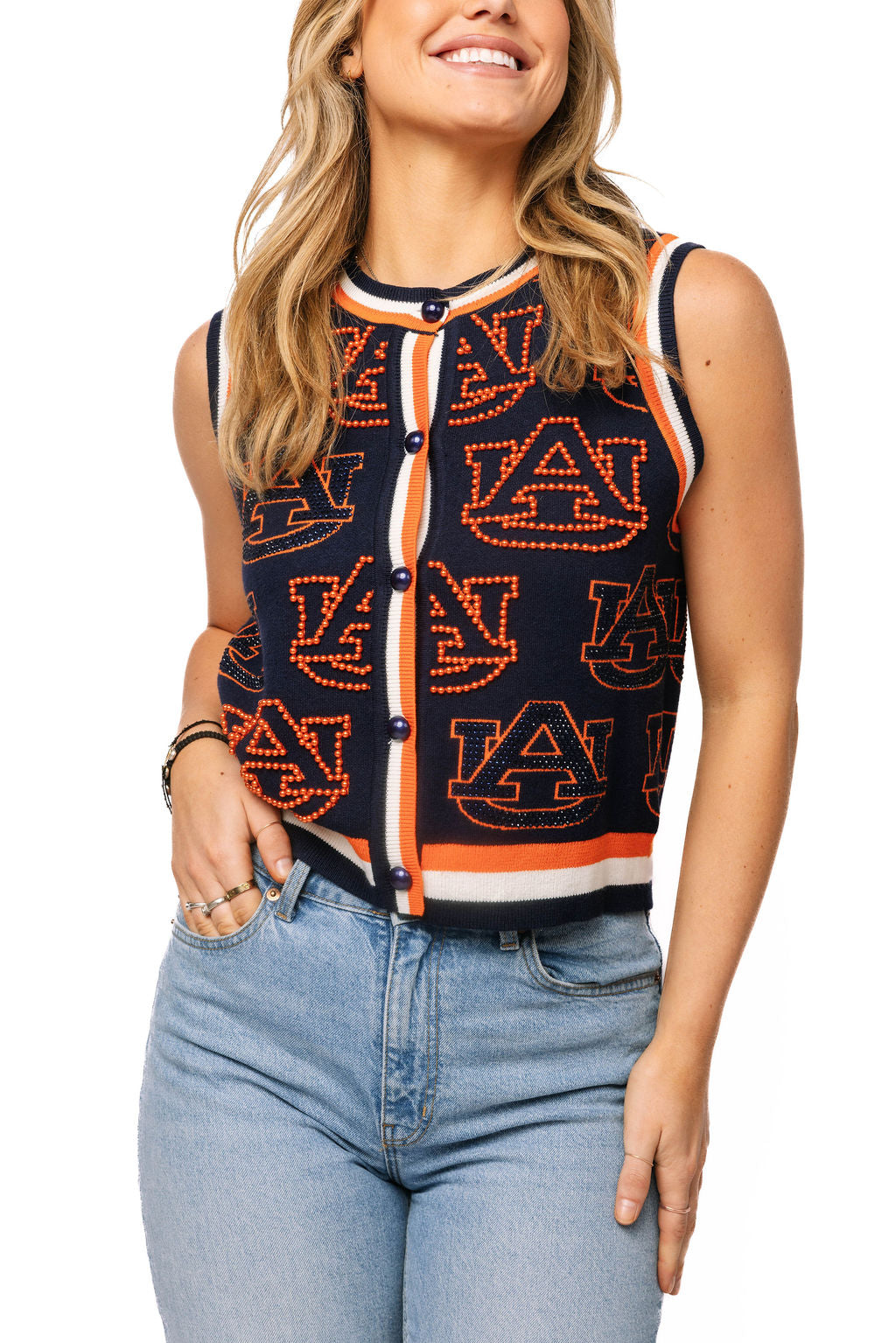 QOS Auburn Knitted Rhinestone Button Up Tank