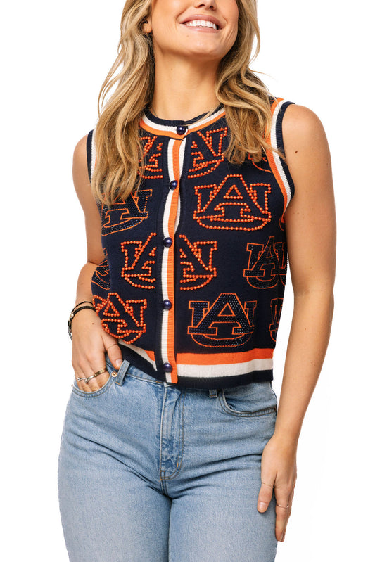 QOS Auburn Knitted Rhinestone Button Up Tank