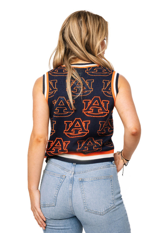 QOS Auburn Knitted Rhinestone Button Up Tank