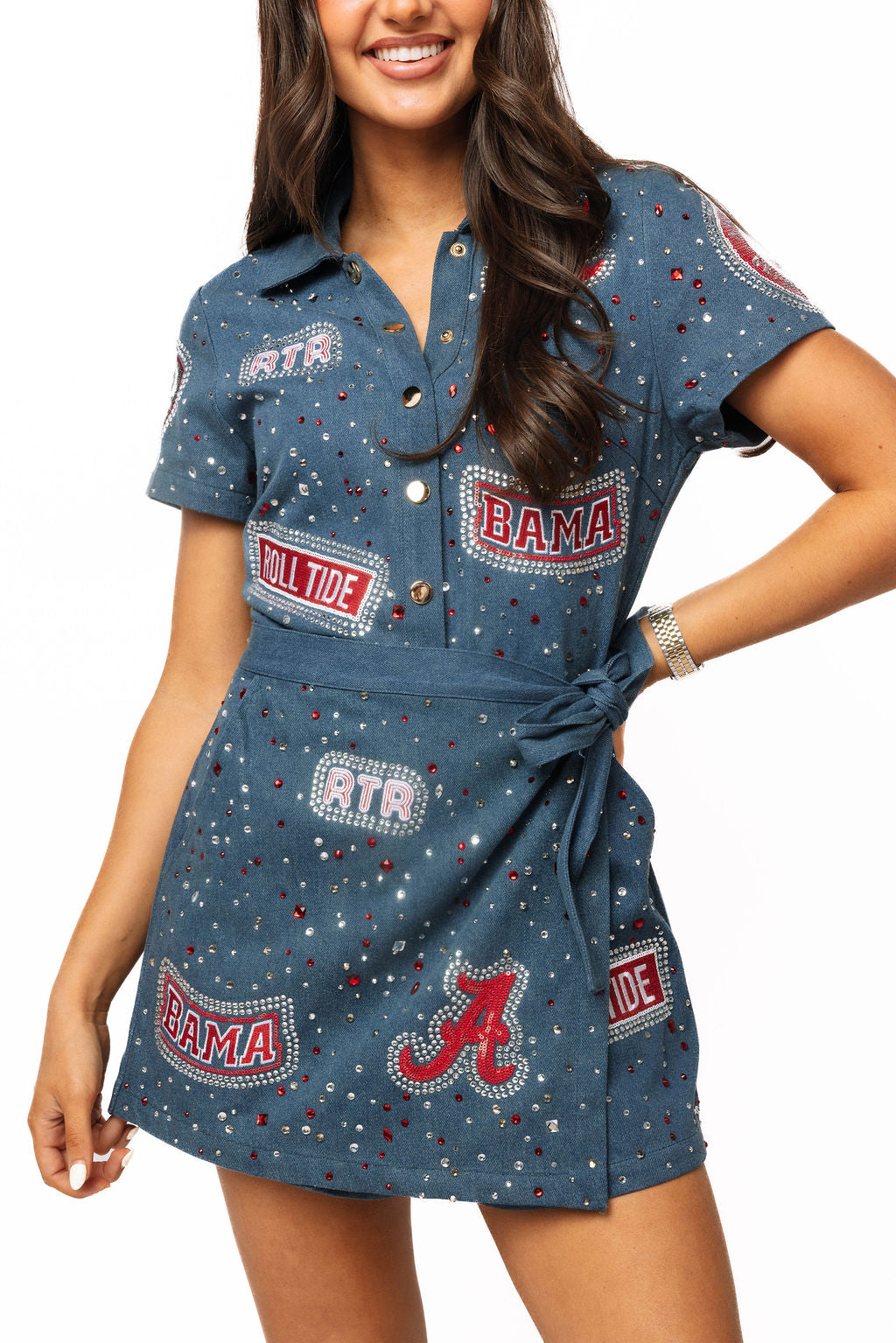 QOS Licensed Bama Denim Multi Rhinestone Scattered Logo Tie Romper
