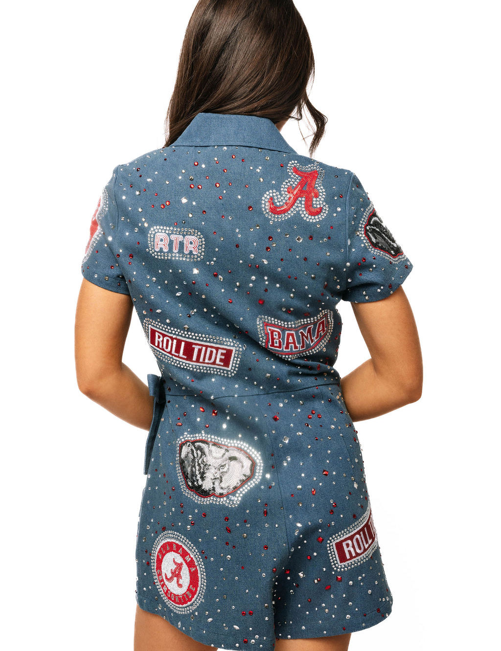 QOS Licensed Bama Denim Multi Rhinestone Scattered Logo Tie Romper