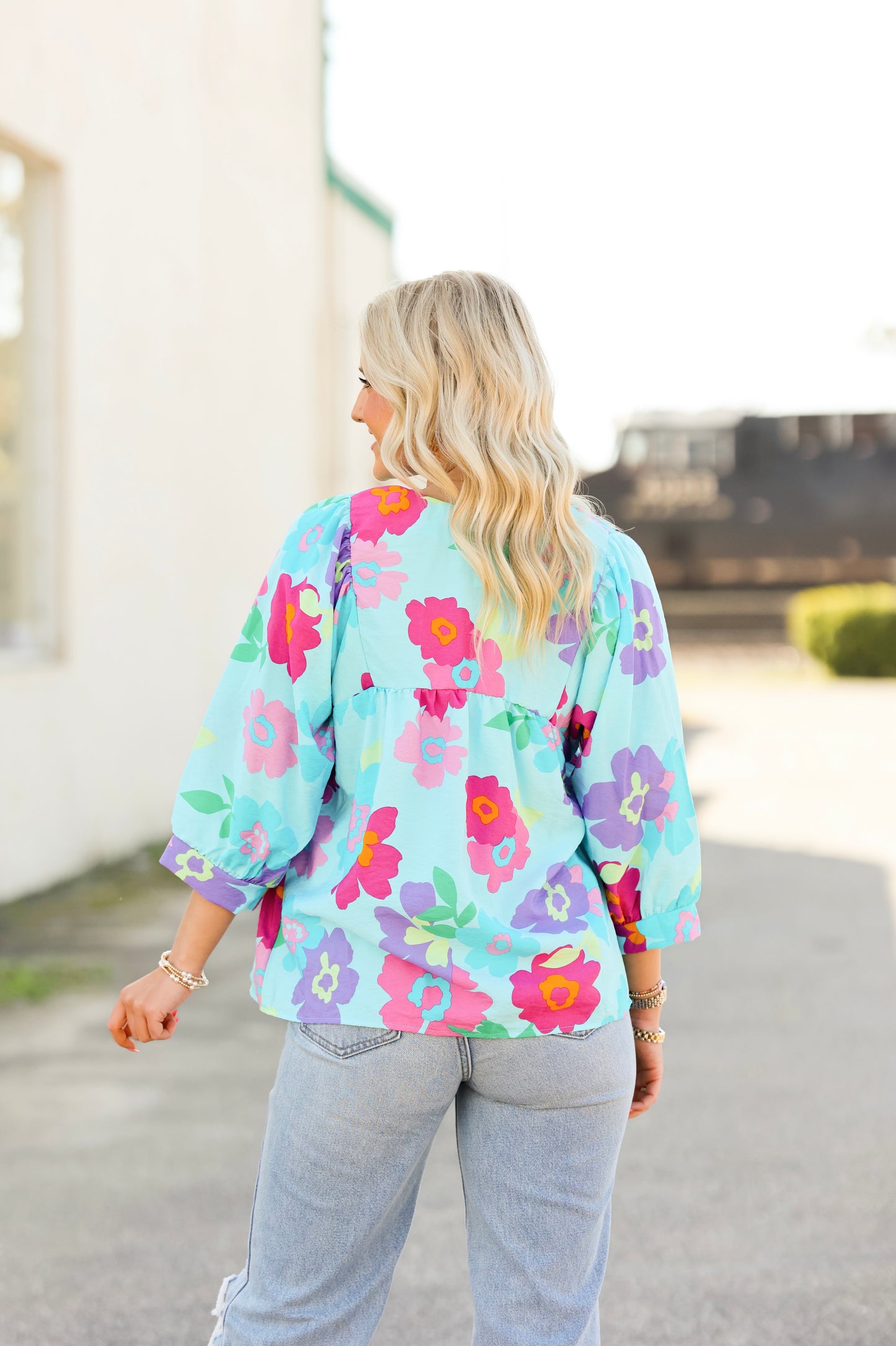 Blue Floral Mom Top