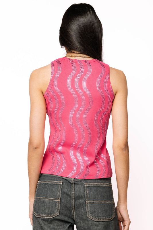 QOS Pink Wavy Rhinestone Tank