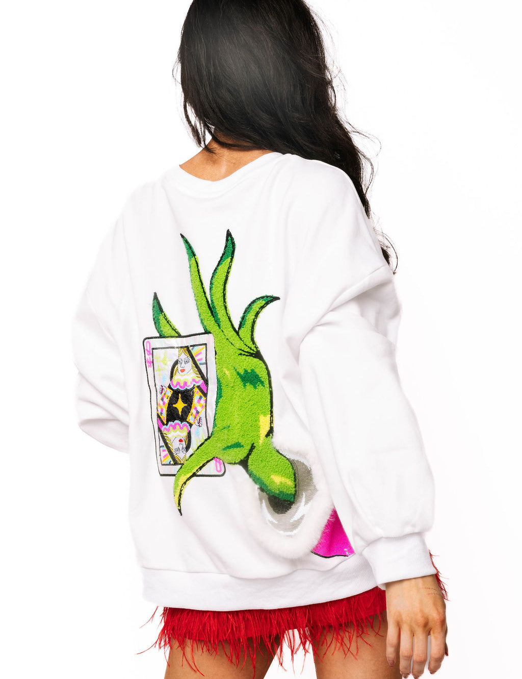 QOS White & Green Hand Holding Card Sweatshirt