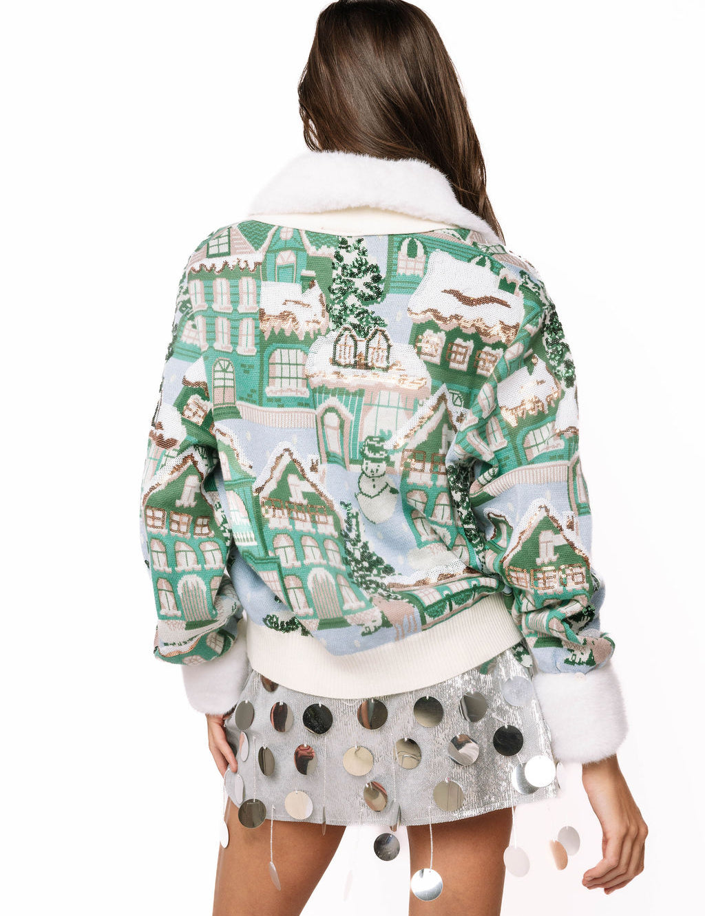 QOS Multi Snowy Village Cardigan With Fur Collar