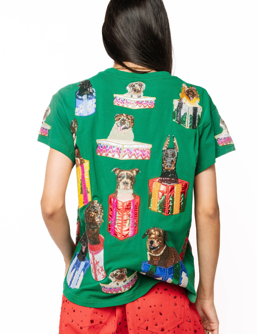 QOS Dark Green Dogs In Present Boxes Tee