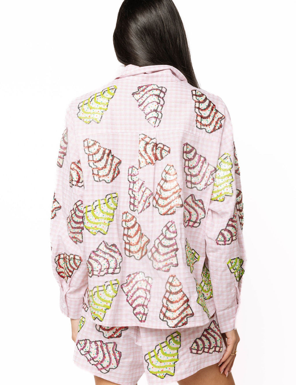 QOS Pink Gingham Christmas Tree Cookies Cotton Top