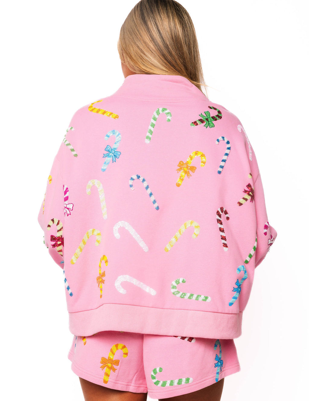 QOS Pink Multi Candy Cane Card Logo Mock Neck
