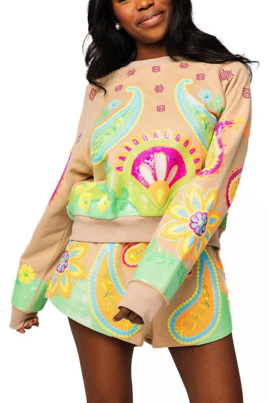 QOS Beige & Neon Paisley Print Sweatshirt