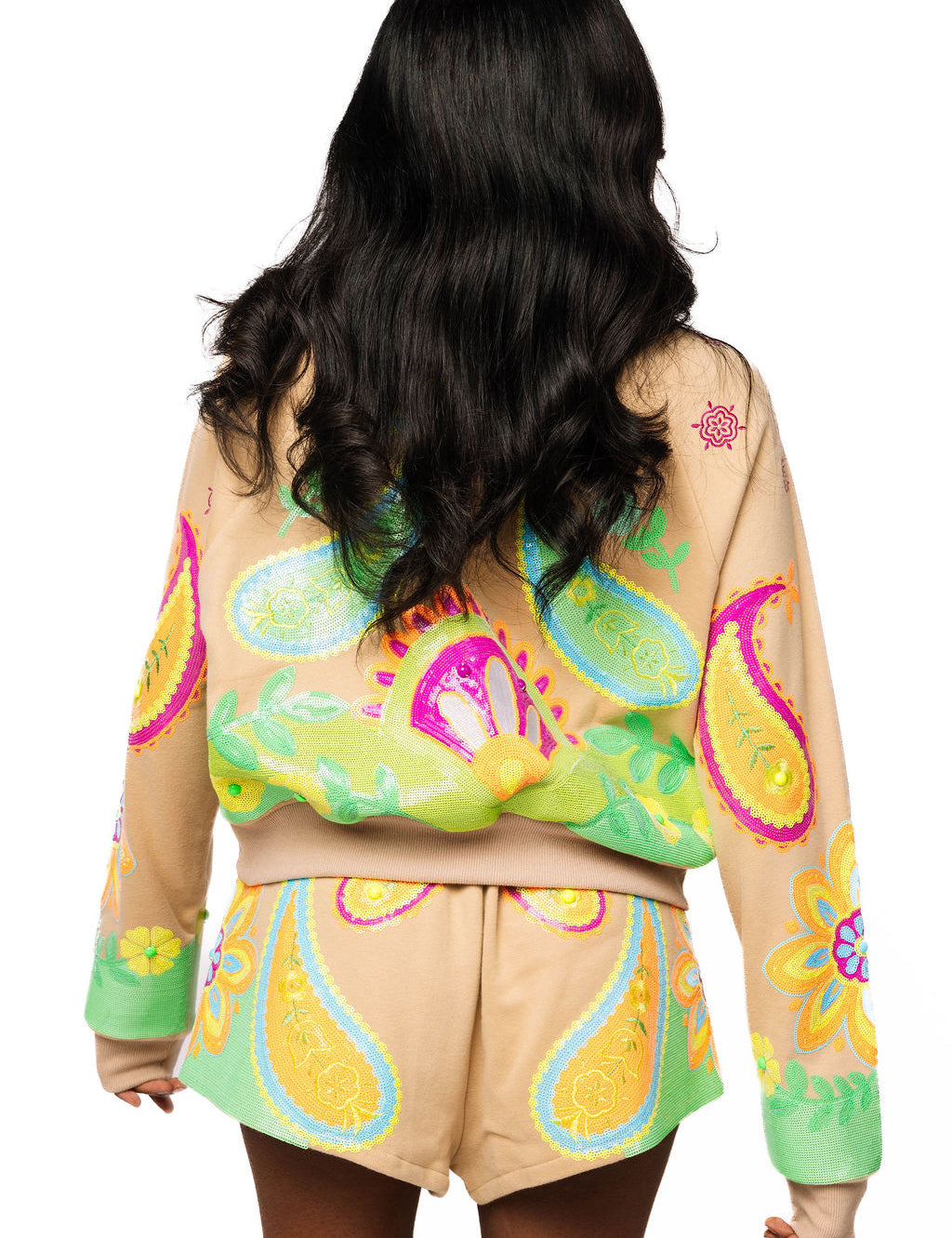 QOS Beige & Neon Paisley Print Shorts