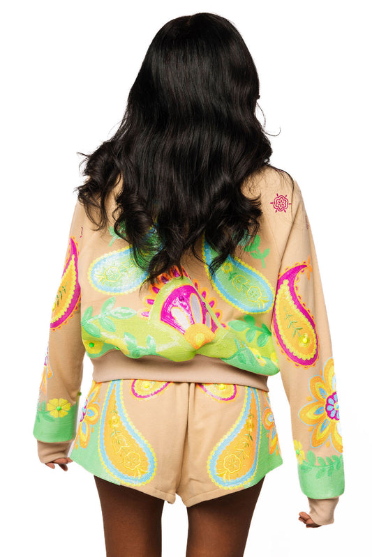 QOS Beige & Neon Paisley Print Shorts