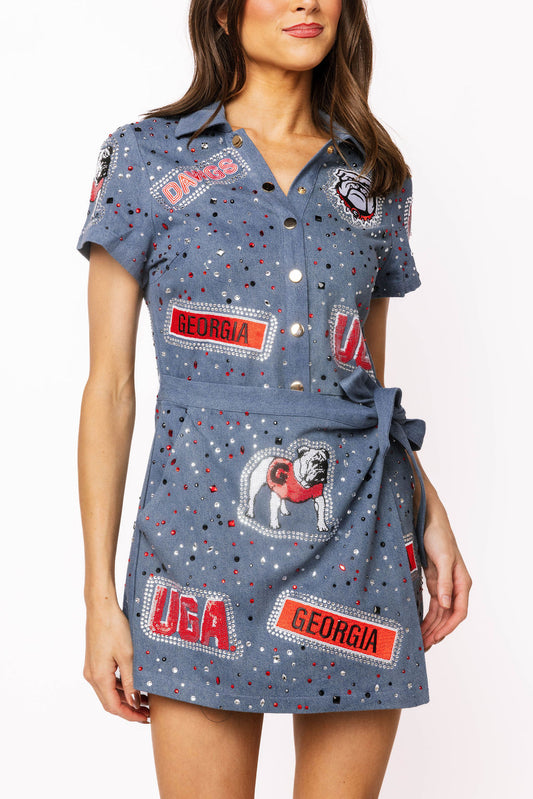 QOS UGA Denim Multi Rhinestone Scattered Logo Tie Romper
