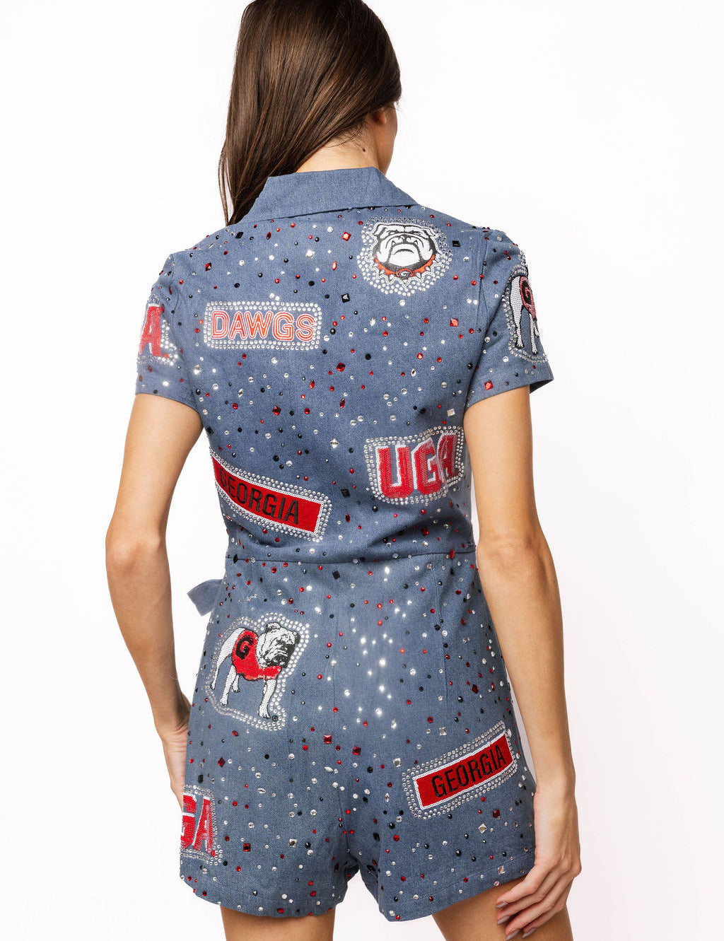 QOS UGA Denim Multi Rhinestone Scattered Logo Tie Romper