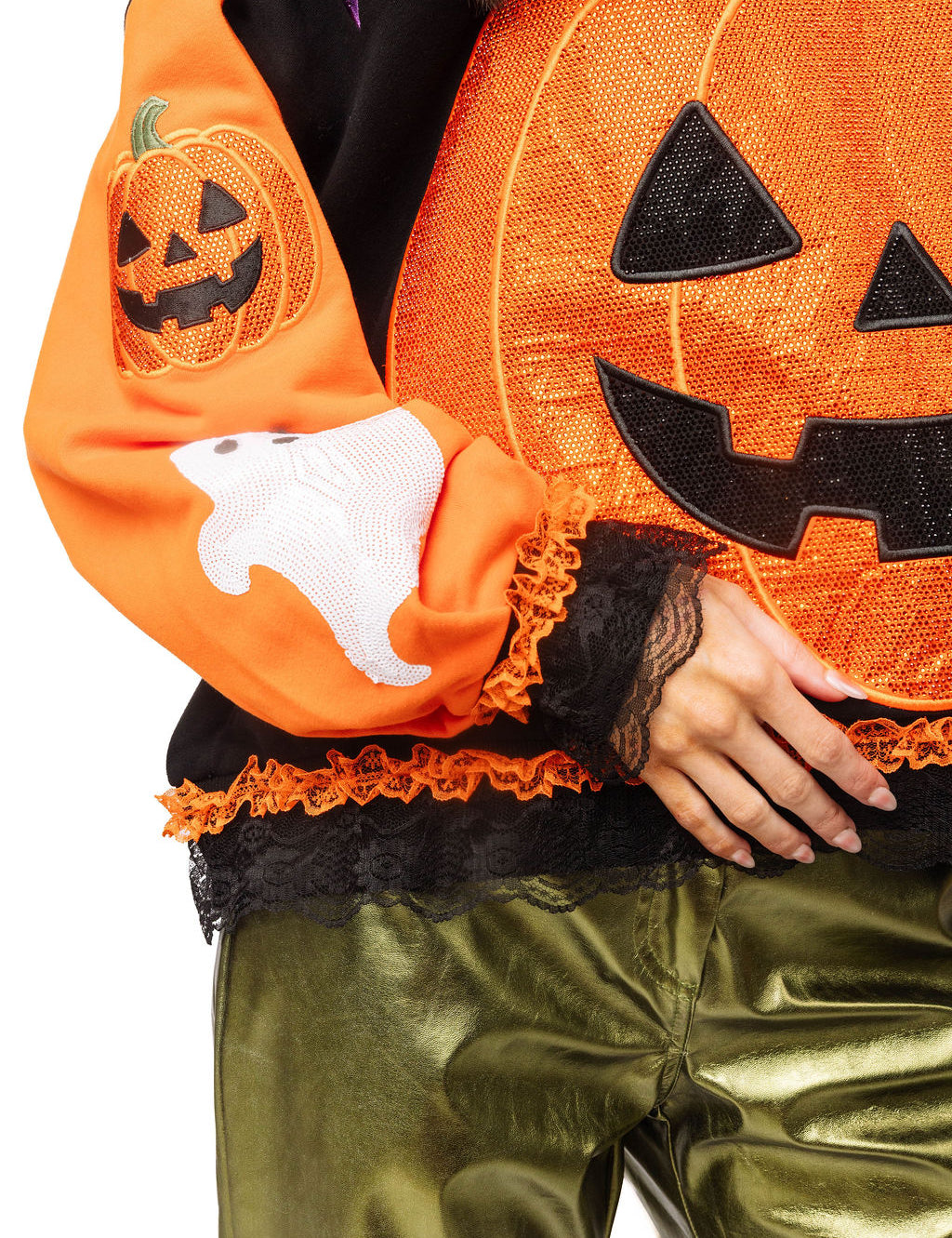 QOS Multi Ruffle Lace Lace Trim Pumpkin & Bat Sweatshirt