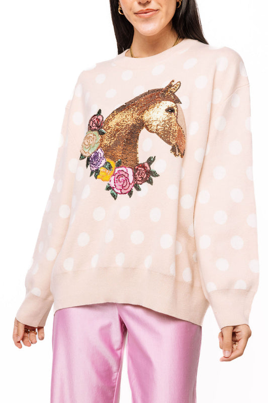 QOS Tan Polka Dot Horse Sweater