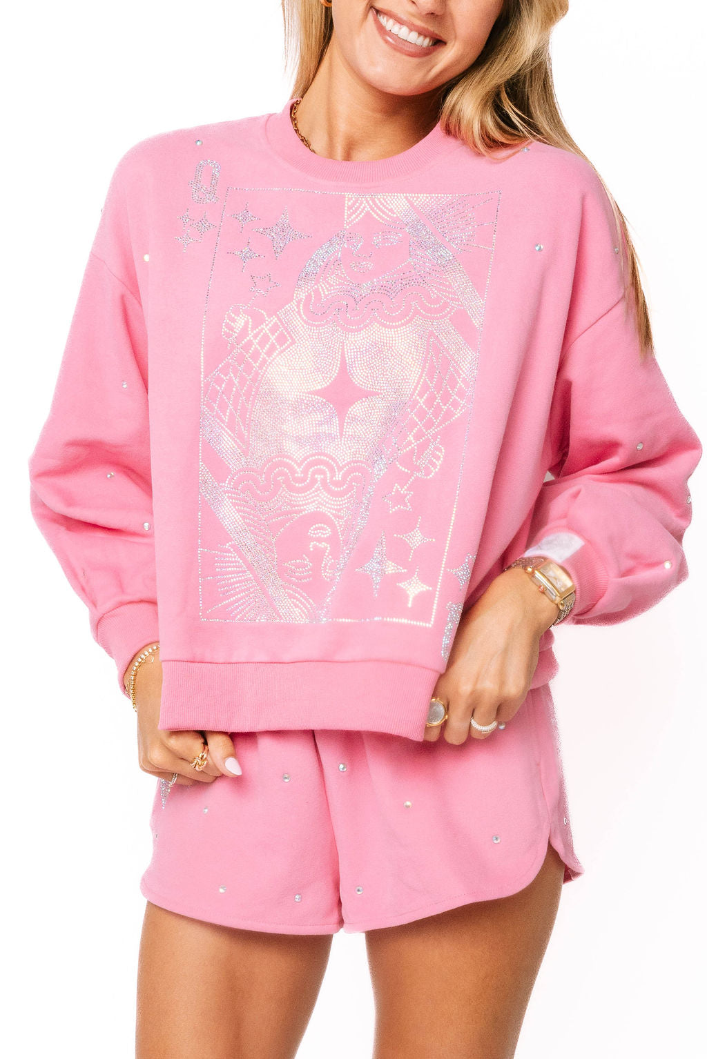 QOS Pink Scattered Rhinestone Card Sweatshirt