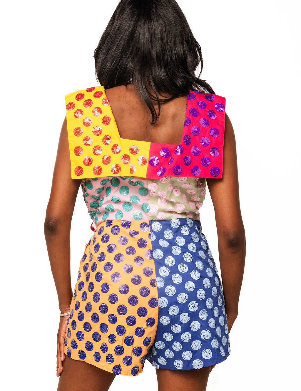 QOS Multi Colorblock Polka Dot Wrap Collar Romper