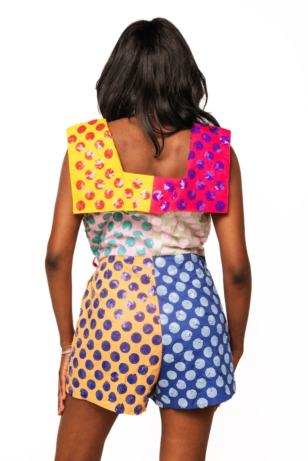 QOS Multi Colorblock Polka Dot Wrap Collar Romper