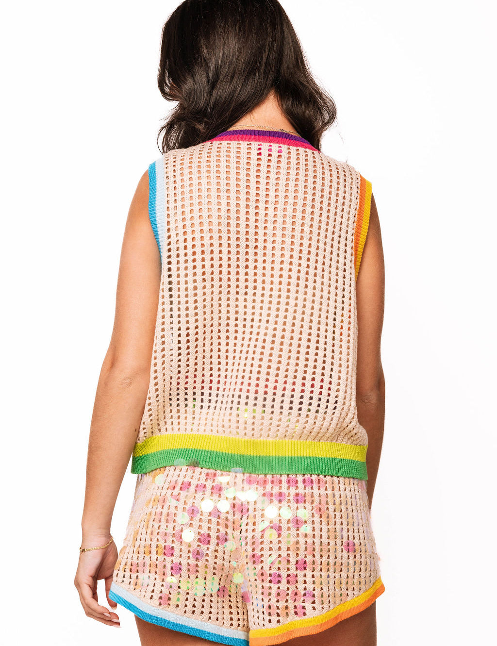 QOS Ivory Rainbow Trim Card Crochet Tank